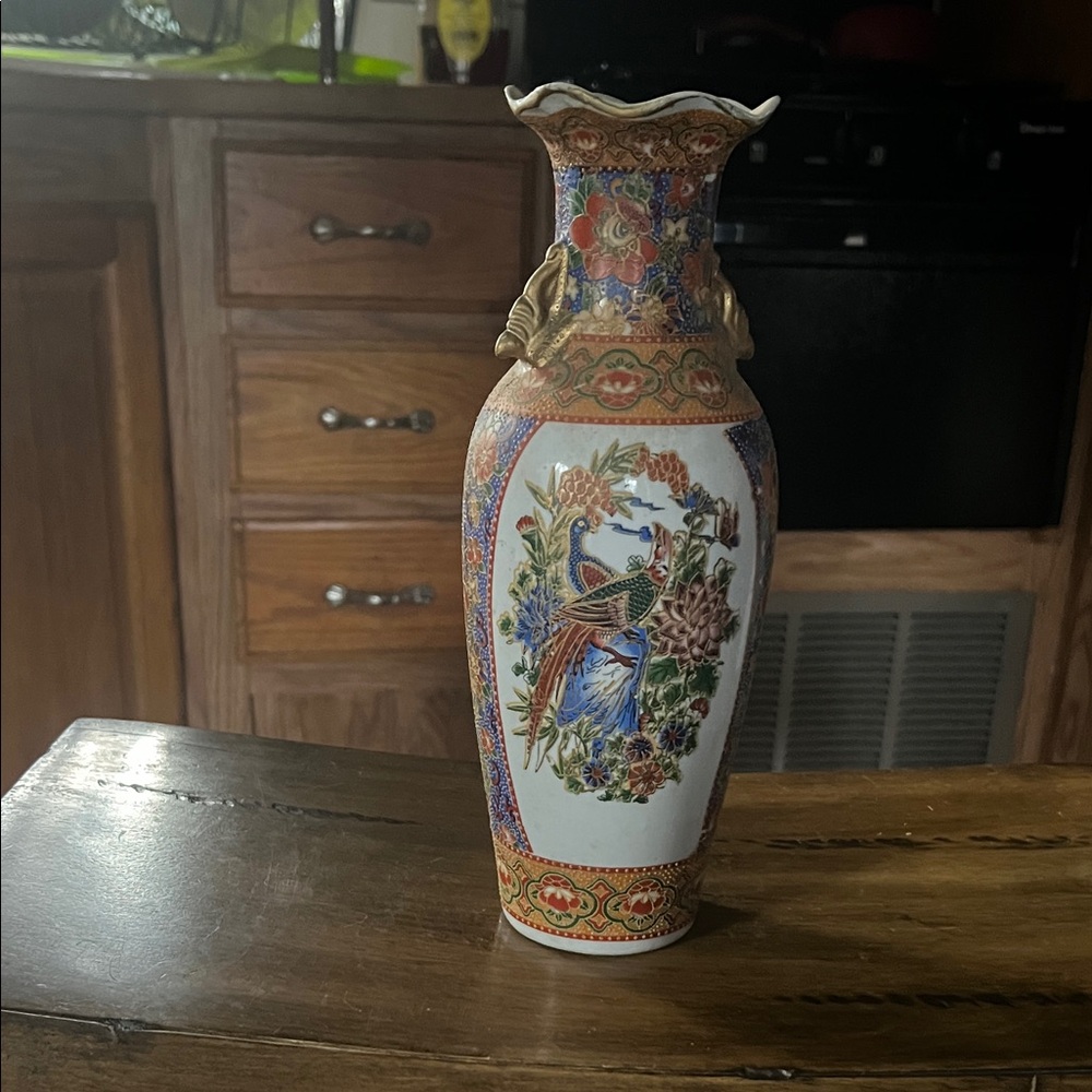 Elegant Handpainted Multicolor Porcelain Vase with Bird Motif